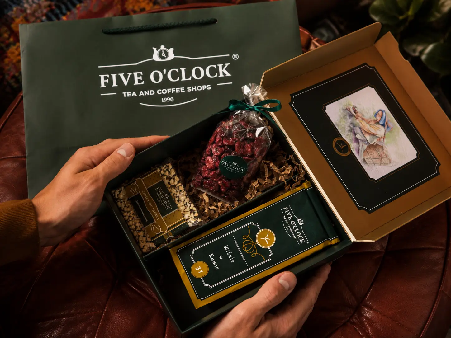 Elegancki zestaw prezentowy Five o’clock z herbatą, kawą i akcesoriami